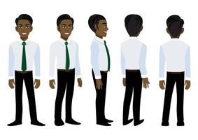 personaje de dibujos animados con un hombre de negocios africano americano con una camisa inteligente para la animación. personaje animado de vista frontal, lateral, posterior, 3-4. ilustración vectorial plana. vector