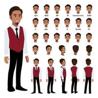 personaje de dibujos animados con el mismo hombre de negocios en camisa inteligente para animación. carácter de vista frontal, lateral, posterior, 3-4. partes separadas del cuerpo. ilustración vectorial plana. 298 vector