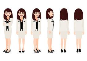 Cartoon character with business woman in suit for animation. Front, side, back, 3-4 view character. Flat vector illustration.