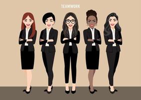 personaje de dibujos animados con equipo de negocios o concepto de liderazgo con mujeres empresarias. ilustración vectorial en estilo de dibujos animados. vector