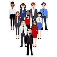 Cartoon character with executives team standing in form of triangle pyramid behind their leader. Leadership concept. Flat style vector illustration isolated on white background