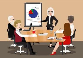 Cartoon character with business meeting. Flat people on presentation conference. Businesswoman at project strategy infographic. Team seminar vector concept vector