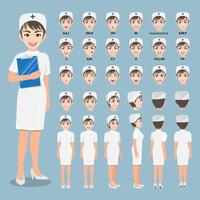 Cartoon character with professional nurse in smart uniform for animation. Front, side, back, 3-4 view character. Separate parts of body. Flat vector illustration.