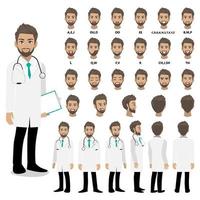 Cartoon character with professional doctor in smart uniform for animation. Front, side, back, 3-4 view character. Separate parts of body. Flat vector illustration.