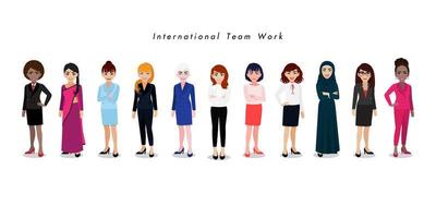 Group of International businesswomen on white background. Set of business people standing together. Different nationalities and dress styles. Cartoon character or flat design vector