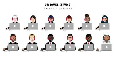 Group of call center, customer support, helpdesk or service concept. Different nationalities people. Cartoon character or flat design vector