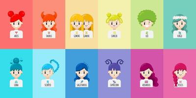 Vector set of cartoon character zodiac girls. Zodiac signs collection, Aries, Taurus, Gemini, Cancer, Leo, Virgo, Libra, Scorpio, Sagittarius, Capricorn, Aquarius, Pisces. Horoscope illustration