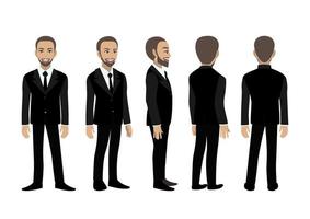 Cartoon character with business man. Front, side, back, 3-4 view animated character. Flat vector illustration.