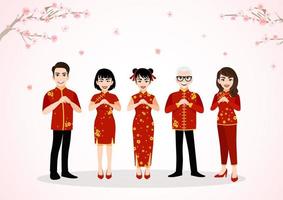 Saludo del personaje de dibujos animados del pueblo chino en el festival del año nuevo chino en los árboles de ciruela con el vector de fondo de la temporada de primavera