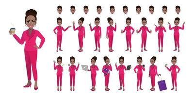conjunto de personajes de dibujos animados de empresaria. mujer de negocios afroamericana con estilo de traje de color rosa. ilustración vectorial plana. vector