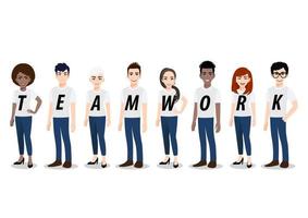 personaje de dibujos animados con concepto de trabajo en equipo. hombres y mujeres jóvenes de pie juntos en camiseta blanca y jean azul casual, vector de diseño de icono plano