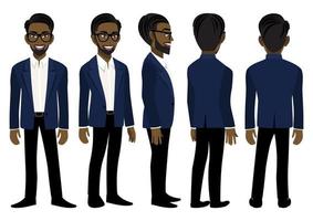 Cartoon character with American African business man in a blue suit for animation. Front, side, back, 3-4 view animated character. Flat vector illustration.