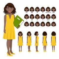 Cartoon character with African American business woman in casual wear for animation. Front, side, back, 3-4 view character. Separate parts of body. Flat vector illustration.