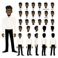 Cartoon character with African American business man in smart shirt for animation. Front, side, back, 3-4 view character. Separate parts of body. Flat vector illustration.
