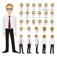 Cartoon character with handsame business man in smart shirt for animation. Front, side, back, 3-4 view character. Separate parts of body. Flat vector illustration. 298