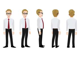 Businessman cartoon character head set and animation. Front, side, back, 3-4 view character. Flat icon design vector