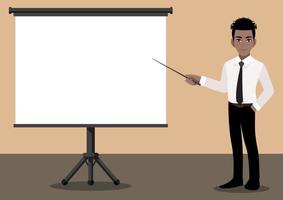 Cartoon character with businessman at a presentation. Flat icon vector