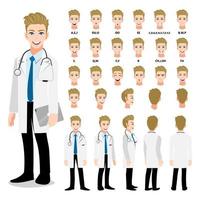 Cartoon character with professional doctor in smart uniform for animation. Front, side, back, 3-4 view character. Separate parts of body. Flat vector illustration.