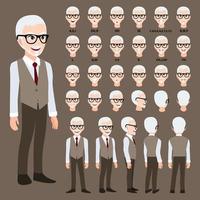 Cartoon character with business man in suit for animation. Front, side, back, 3-4 view character. Separate parts of body. Flat vector illustration.