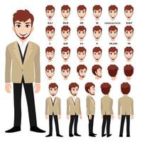 Cartoon character with business man in suit for animation. Front, side, back, 3-4 view character. Separate parts of body. Flat vector illustration.