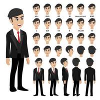 Cartoon character with business man in suit for animation. Front, side, back, 3-4 view character. Separate parts of body. Flat vector illustration.