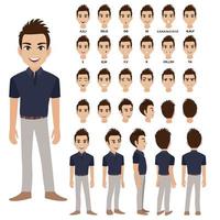 Cartoon character with business man in casual wear for animation. Front, side, back, 3-4 view character. Separate parts of body. Flat vector illustration.