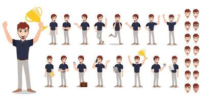 Businessman cartoon character set. Handsome business man working in office and presentation in various action . Vector illustration