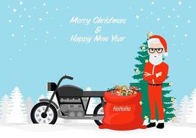 hipster santa claus y motocicleta con diseño de personajes de dibujos animados, feliz navidad y feliz año nuevo festival sobre fondo blanco. ilustración vectorial plana. vector