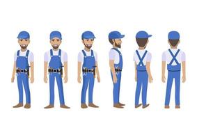 Engineer , technician, builders and mechanics cartoon character for animation. Front, side, back, 3-4 view character. Flat vector illustration
