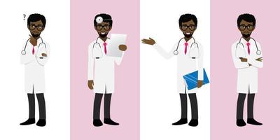 conjunto de personajes de dibujos animados de médicos masculinos, médico africano americano en diferentes poses, trabajador médico o personal del hospital. médico icono plano de dibujos animados en un vector de fondo blanco y rosa