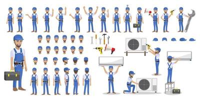 Technician repairing split air conditioner on a white background. Construction building industry, new home, construction interior. Cartoon character set vector illustration