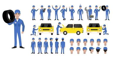 Car repair and service. Mechanic repairs and diagnostics car  of auto service. Auto mechanic cartoon character set and animation. Front, side, back, 3-4 view character. Flat vector illustration