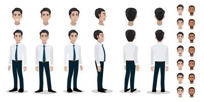 cabeza de personaje de dibujos animados de hombre de negocios y animación. carácter de vista frontal, lateral, posterior, 3-4. vector de diseño de icono plano