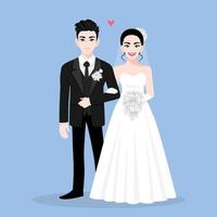 Love couple on wedding day in a blue background. Valentine's Day cartoon character and abstract design vector