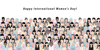 pancarta para el día internacional de la mujer: una variedad de rostros de mujeres de todo el mundo, un grupo diverso de mujeres y vectores de diseño de íconos planos