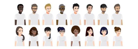 personaje de dibujos animados con hombres y mujeres en camiseta blanca casual para posar 3-4 ver el personaje. conjunto de ilustración de vector plano de retrato masculino y femenino.