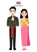Thailand male and female in traditional costume or Thai people greeting Sawasdee and Thai flag on white background cartoon character vector