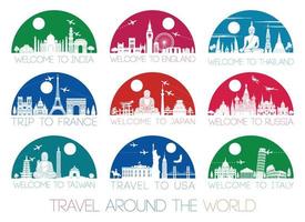 world famous landmark silhouette style inside by multil and bright half circle shape vector