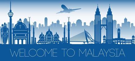 Malaysia famous landmark blue silhouette design vector