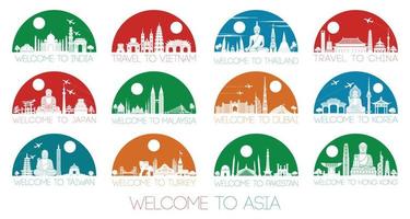 Asia famous landmark silhouette style inside by multil and bright half circle shape vector