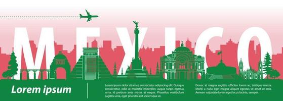 Mexico famous landmark silhouette style with country name and national flag color