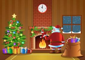 Santa Claus  send gift in fireplace room in Christmas night vector
