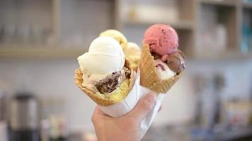 Ice cream Cones with Plomber, chocolate and fruity Scoops Gelato video