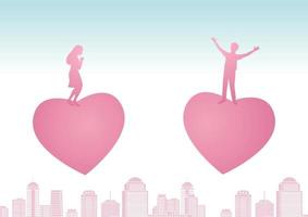 man and woman stand on big heart that flying closer each other that means love makes them be couple vector