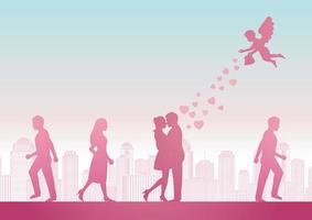 cupid send heart to man and woman to become couple with pink pastel color design vector