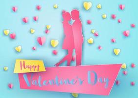 concept art of valentine's day with couple hug together around with floating hearts by paper art design vector