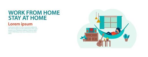 banner of cartoon version of working home and stay home vector