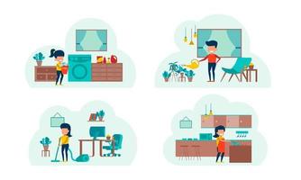 set of cartoon version of working home and stay home vector