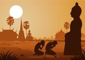 Buddhist woman and man pay respect to buddha sculpture politely with faith and belief vector