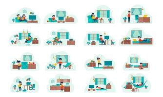 set of cartoon version of working home and stay home with flat design vector